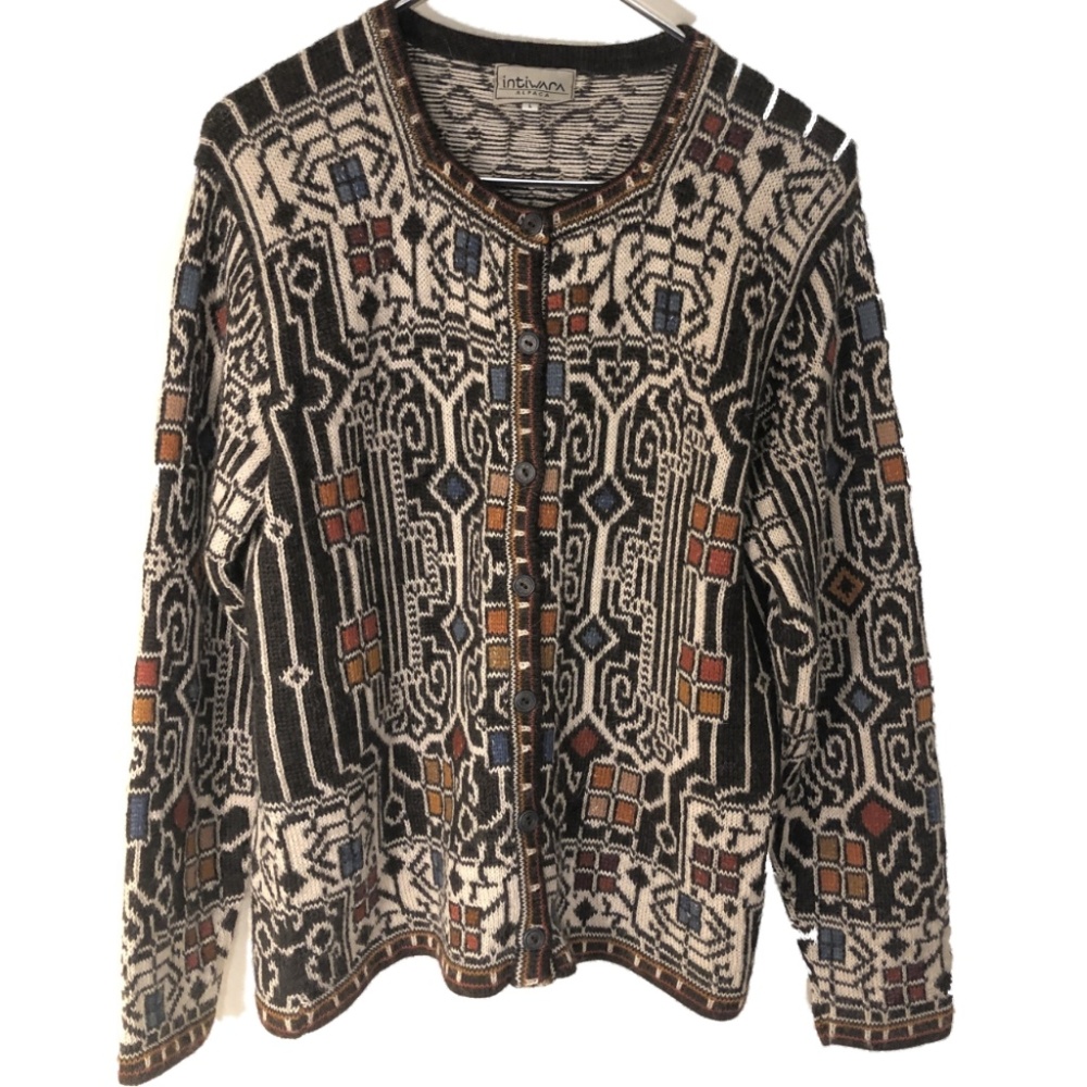 INTIWARA Alpaca Cardigan Sweater Intarsia Knit L